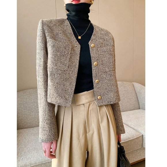 Cropped Tweed Jacket Women Elegant Short Blazer Autumn - Picture 5 of 6